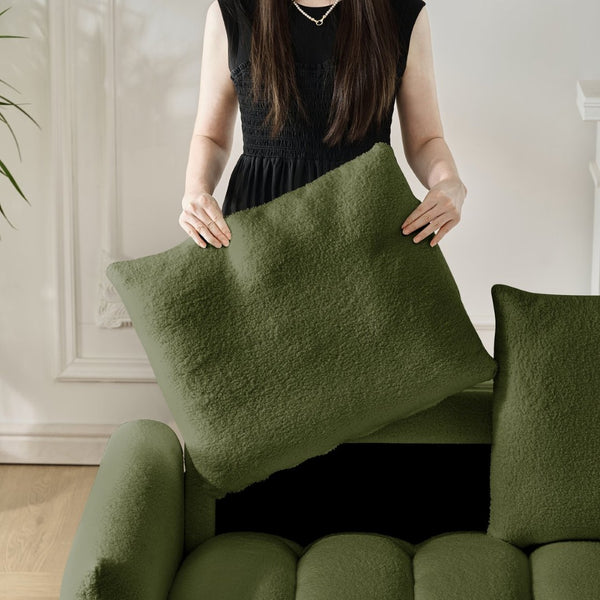 English Elm 78 Inch Teddy Velvet Three Seat Sofa Solid Wood Frame Plush Cushions for Living Room Army Green W2564S00126