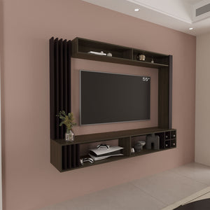 English Elm Entertainment Center 55.1" H Walnut+Black, 8 Open Shelves, Wall-Anchored Engineered Wood Display Unit B097S00201