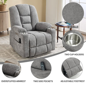 English Elm Emon's Overstuffed Chenille Power Lift Recliner with Massage Heat and Charging Ports Light Gray W1803S00091