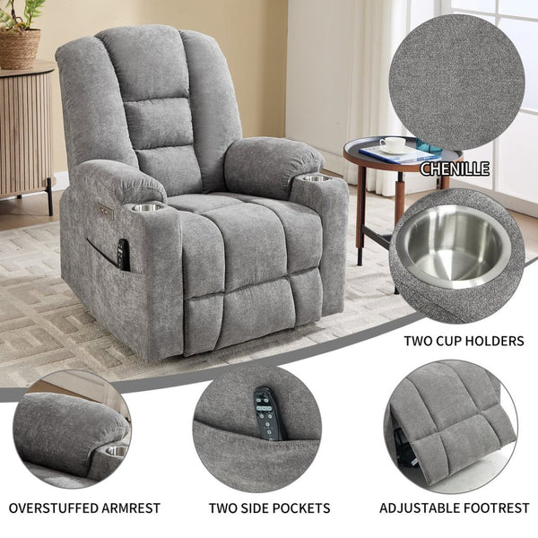 English Elm Emon's Overstuffed Chenille Power Lift Recliner with Massage Heat and Charging Ports Light Gray W1803S00091