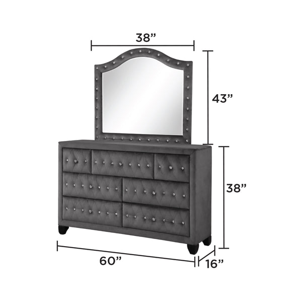 English Elm Sophia Gray 7-Drawer Tufted Velvet Dresser — Modern Crystal Accents, Soft Fabric Drawers, Spacious Storage 733569301591