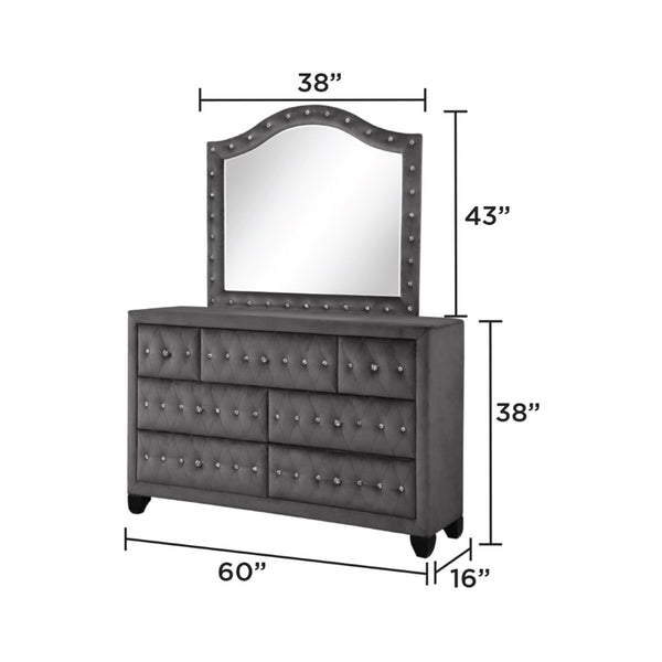 English Elm Sophia Velvet Tufted Wall Mirror with Crystal Button Detail for Glam Bedroom Decor 733569211203