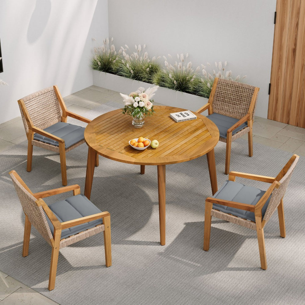 English Elm Modern Acacia Wood Round Patio Dining Set with Wicker Armchairs and Uv Resistant Cushions N770PS597R119