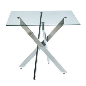 English Elm Dining Table Square Tempered Glass Top Cross Metal Base Modern Space Saving Design W234P235266