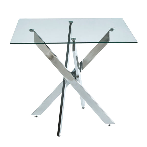 English Elm Dining Table Square Tempered Glass Top Cross Metal Base Modern Space Saving Design W234P235266