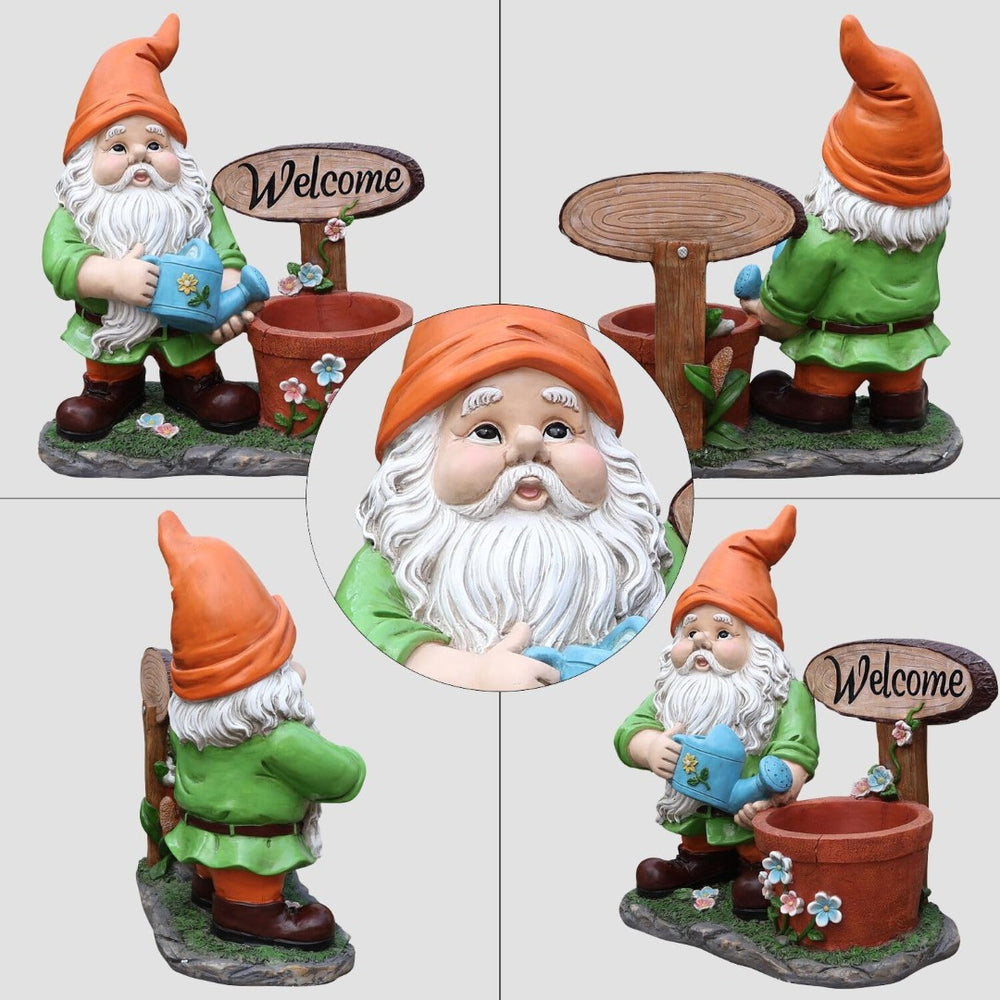 English Elm Outdoor Gnome Statue with Integrated Planter Bowl Whimsical Garden Focal Point W5398P455469