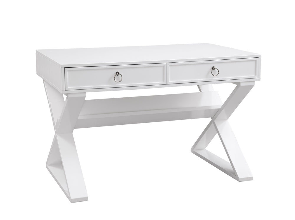 Basset Mirror Everly Modern Glam Desk With Unique X-base Design, Stylish Storage Shelf & Chic White Finish White Rw Solids,Mdf 9236-lr-579