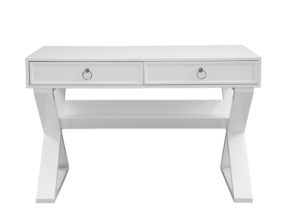 Basset Mirror Everly Modern Glam Desk With Unique X-base Design, Stylish Storage Shelf & Chic White Finish White Rw Solids,Mdf 9236-lr-579