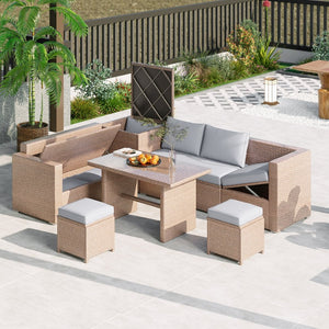 English Elm Topmax Outdoor Wicker Sectional Set with Storage Adjustable Seating and Tempered Glass Table Light Grey N717S100005G