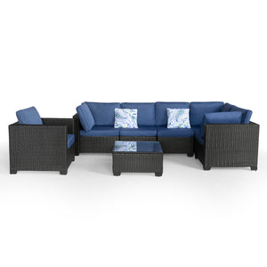 English Elm 7 Pieces Outdoor Sectional Set - Dark Blue PE Rattan Patio Sofa with Glass Table, Cushions, Modular Plan W813S00005