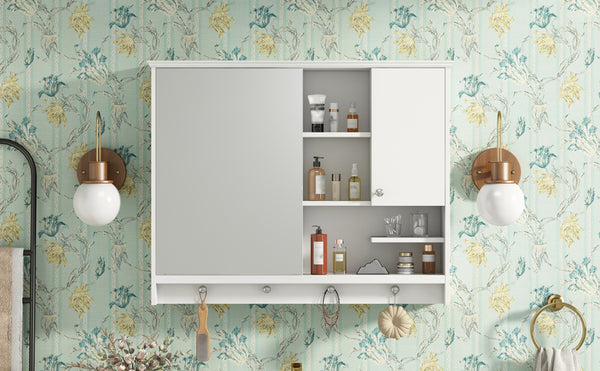 English Elm 36 Inch Wall Mounted Medicine Cabinet with HD Mirror, Adjustable Shelves, Towel Hooks, Modern Style White N710P254924K