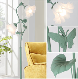 English Elm Flower Vintage Floor Lamp with Acrylic Lily Shades, 63.5" Green Metal Standing Light, 2 LED Bulbs W2738P400649