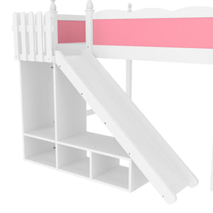 English Elm Full Loft Bed With Detachable Slide, Storage Shelves, And Cabinet In Pink & White – Fun & Functional! W1580S00245