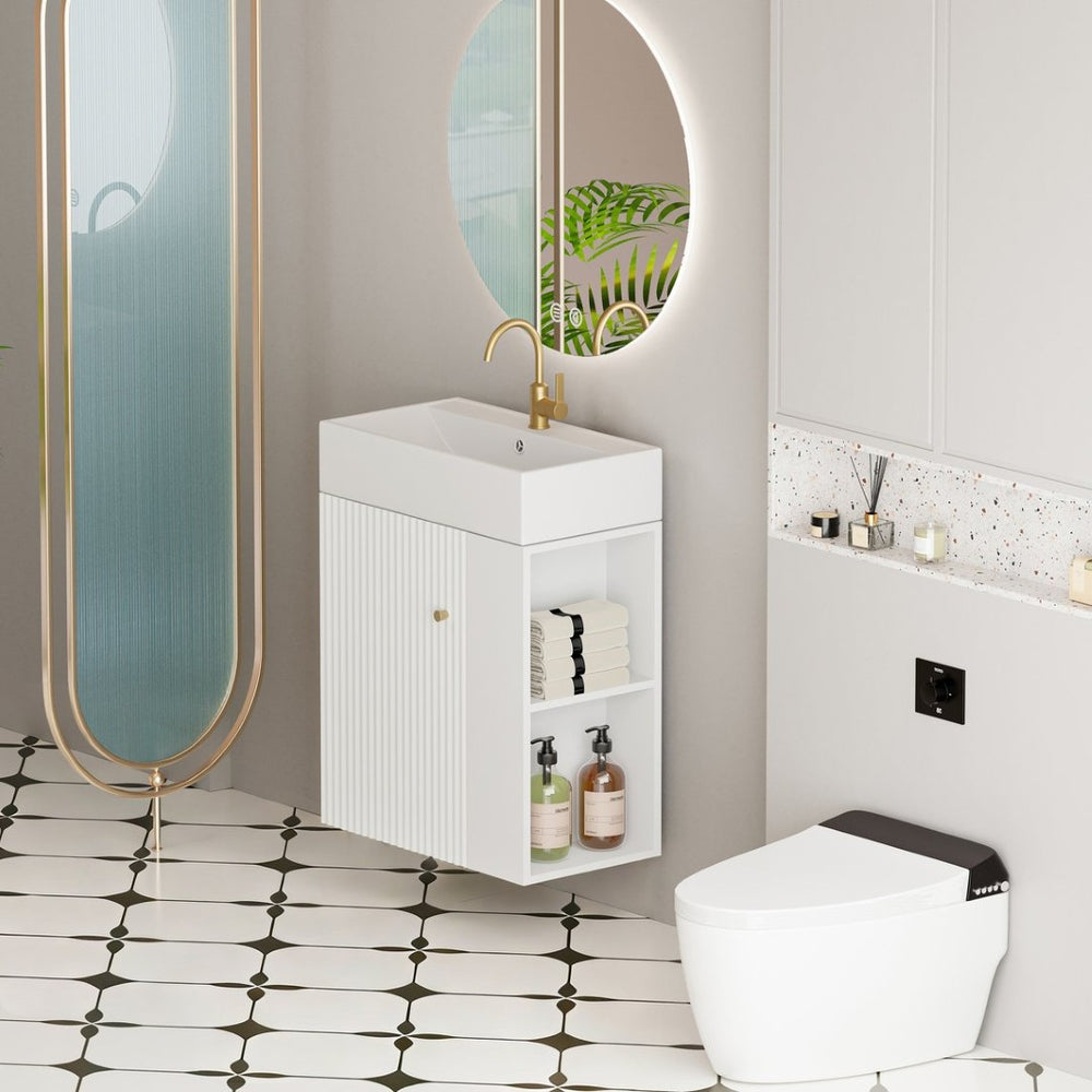 English Elm 21.6" Wall Mounted Bathroom Vanity Ceramic Sink Soft Close Cabinet Open Shelving White W1573S00091