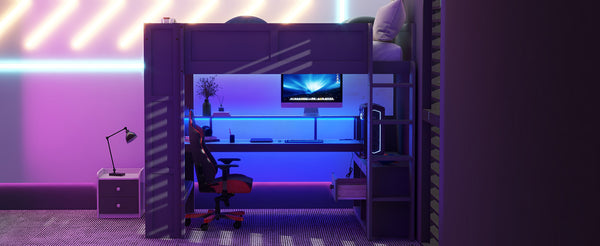 English Elm Wood Full Size Gaming Loft Bed with Desk, LED Lights, USB Charging Ports & Multi Storage Dark Gray SM000374AAE