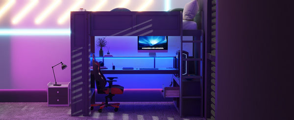 English Elm Wood Full Size Loft Bed with Built-in Desk Led Lighting and Charging Station SM000374AAE-1