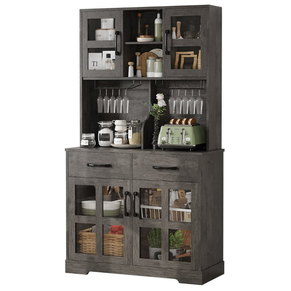English Elm Pantry Hutch with Fluted Mdf Panels Charging Station Pegboard and Open Shelving T3773P416041