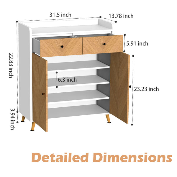 English Elm Shoe Cabinet 4-Tier with 2 Drawers and Doors, Herringbone MDF Top, Adjustable Shelves for Entryway White W3383P361252