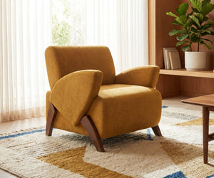 English Elm Lounge Accent Chair Velvet Upholstered Seat with Birch Legs for Compact Living Spaces Brown Yellow W2901P463462