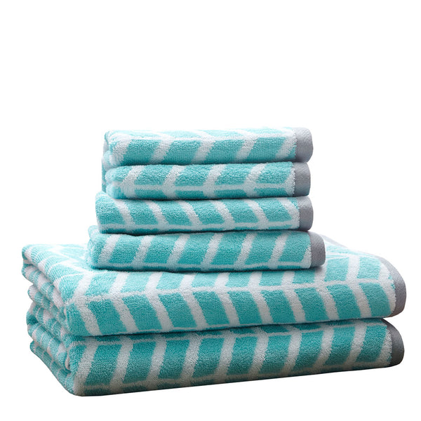 JLA Home Intelligent Design - Cotton Jacquard reversible 6‑pc towel set in rich aqua geometric print, plush 2‑ply cotton, OEKO‑TEX certified ID91-524