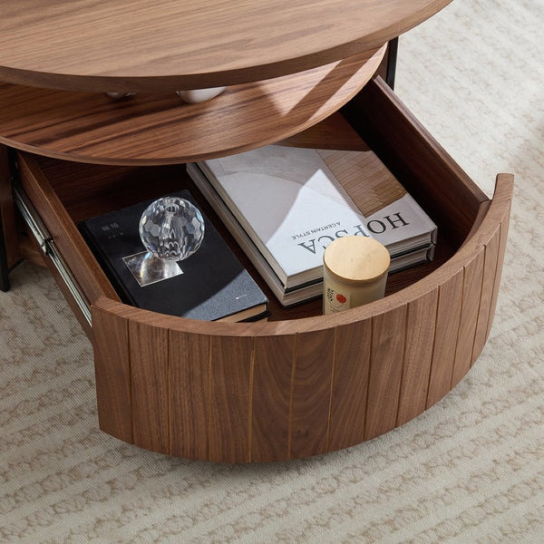 English Elm Round Storage Coffee Table with Drawer Ash Wood Grain Matte Finish Modern Living Room Walnut W2085P384594