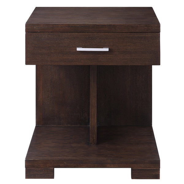 English Elm Walnut Modern 1-Drawer End Table with Safety-Stop Drawer, Divided Lower Shelf & Sturdy Bracket Legs B062P186490