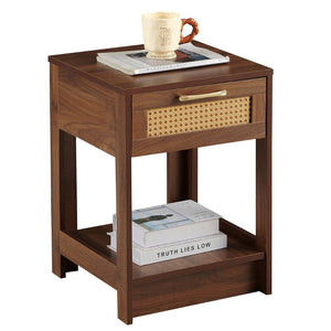 English Elm Pe Rattan End Table With Drawer - Stylish Walnut Nightstand & Versatile Side Table For Any Room W1265P236882-GIGA