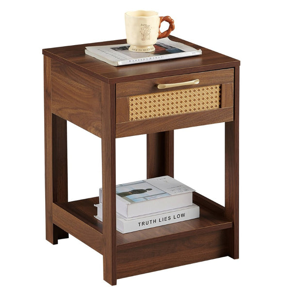 English Elm Pe Rattan End Table With Drawer - Stylish Walnut Nightstand & Versatile Side Table For Any Room W1265P236882-GIGA