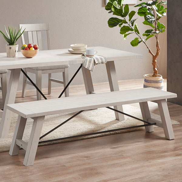 JLA Home INK+IVY - Dining Sonoma Bench by INK+IVY — Solid Wood White Wash Farmhouse Seating for 3 with Metal Stretchers, Rustic Modern Appeal II112-0447