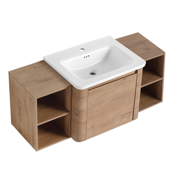 English Elm 48'' Wall-Mounted Bathroom Vanity With Soft-Close Door, White Sink, Storage Shelves & Plywood Design W999S00430