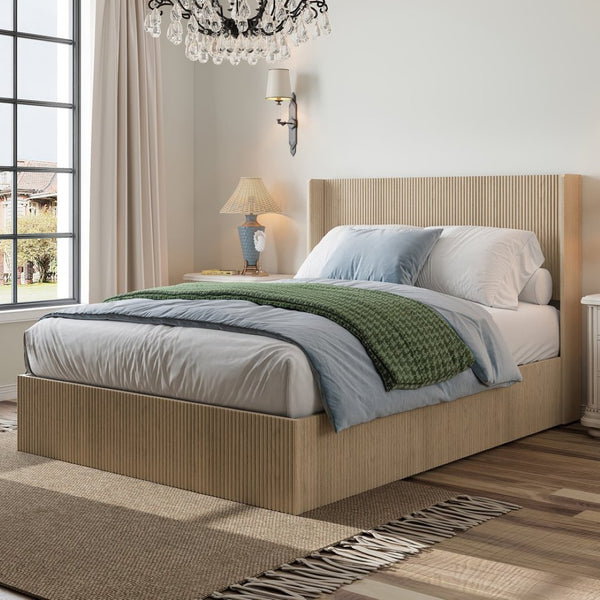 English Elm A Queen Oak Platform Bed with Lift Storage Grooved Panels and Hydraulic Base W1858P390003