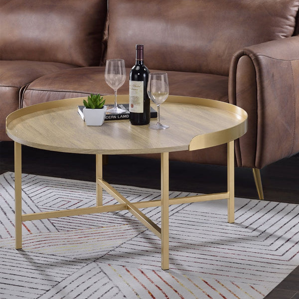 English Elm Tray Round Coffee Table with Oak Tray Top & Gold Crossbar Base — Modern Minimalist Accent for Living Rooms B016P329755