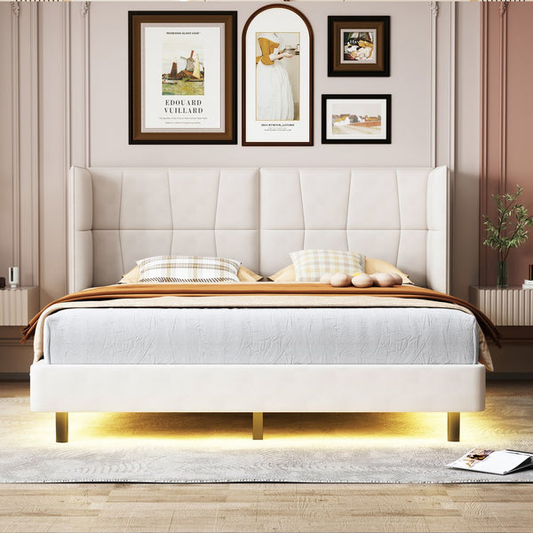 English Elm Queen Upholstered Platform Bed with LED Lights, U-Shaped Headboard, Linen Fabric, Sturdy Metal Legs Beige SF000151AAA