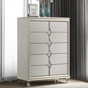 English Elm Gwendolyn Pearl White 5-Drawer Chest of Drawers — Retro Art Deco Diamond Trim, Acrylic Legs & Chrome Accents B062P375503