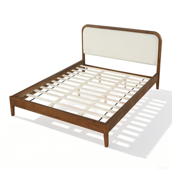 English Elm Queen Solid Acacia Platform Bed Curved Beige Upholstered Headboard Brown Oak Finish N758Q517071N