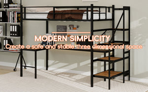 English Elm Loft loft bed with L-shaped desk, built-in storage stairs, 360° guardrail, sturdy iron frame for small rooms Black W1935S00003