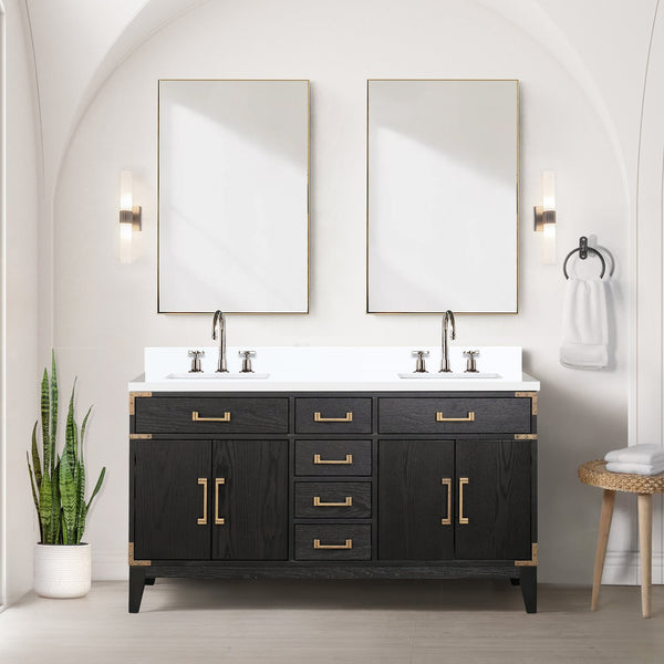 English Elm Black Oak Double Bath Vanity 60" W With White Quartz Top & Chrome Faucet, Modern Storage Solution B2731P260945