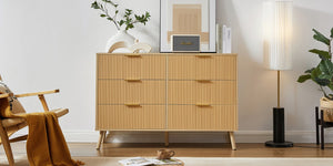 English Elm Bedroom Dresser - Stylish 6-Drawer Wavy Front Storage Chest In Natural Finish For Modern Spaces W1162P190403