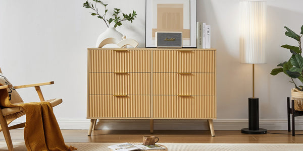 English Elm Bedroom Dresser - Stylish 6-Drawer Wavy Front Storage Chest In Natural Finish For Modern Spaces W1162P190403