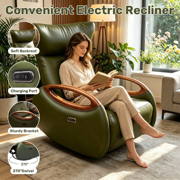 English Elm Power Reclining Swivel Chair Eco Leather Oak Armrests 260 Degree Lounge Seating Green W3795P502504