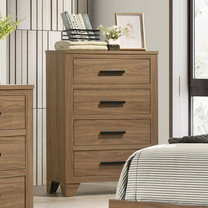 English Elm Transitional Chest with Four Deep Drawers and Black Bar Pulls, Elegant Bedroom Storage Piece Walnut 35 L x 19 W x 45 H B2741P402567