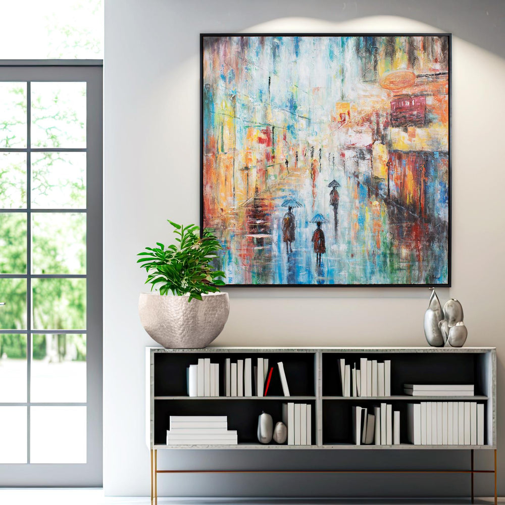 Howard Elliott A Rain Soaked Frenchmen Street Wall Art - Hand-painted City Scene In Elegant Black Floater Frame Multi Canvas,Wood 92420-howard-elliott