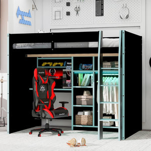 English Elm Full Size Loft Bed with Rgb Lighting Desk Open Wardrobe and Storage for Gaming Rooms Blue LT000277AAC