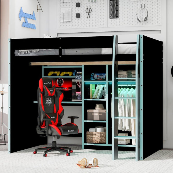 English Elm Full Size Loft Bed with Rgb Lighting Desk Open Wardrobe and Storage for Gaming Rooms Blue LT000277AAC