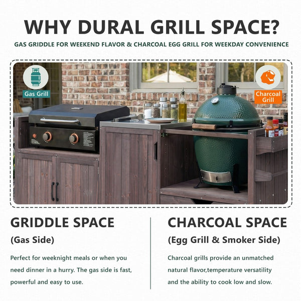 English Elm K&k 80.5 Inch Outdoor Kitchen Island Solid Fir Wood Stainless Steel Grill Cart Station Brown N707P392140Z
