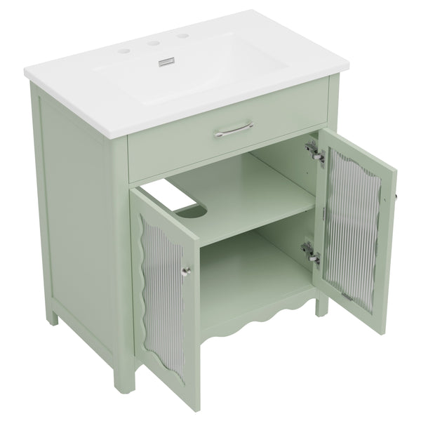 English Elm Christopher Knight Home® - 30 Inch Bathroom Vanity With Tempered Glass Doors, Soft-Close, Modern Green Cabinet & Ceramic Sink N817P299499G