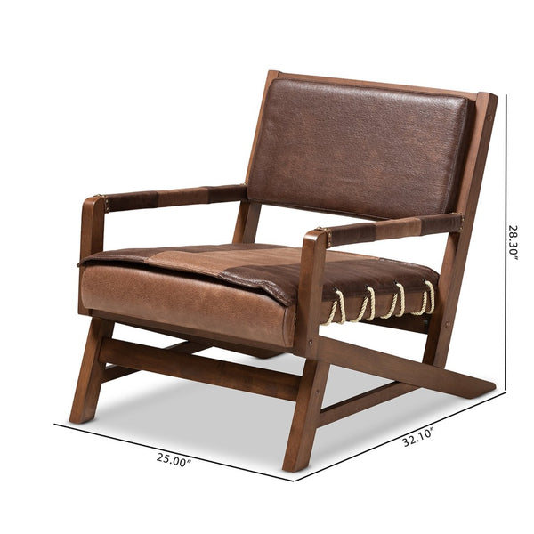 Baxton Studio Baxton Studio Rovelyn Rustic Lounge Chair - Nautical Faux Leather & Walnut Finish for Comfort Rovelyn-Dark Brown/Walnut-CC