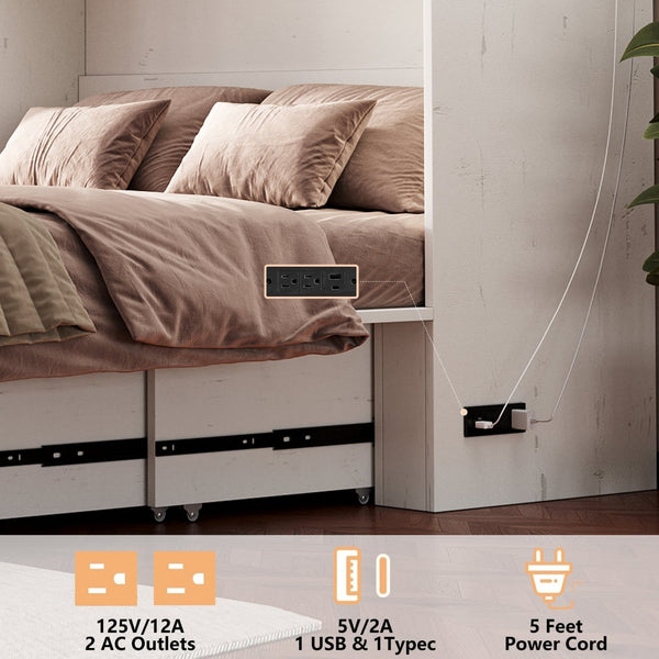 English Elm Queen Murphy Cabinet Bed Rustic Grey Farmhouse Style with Charging Station Storage W5271S00002
