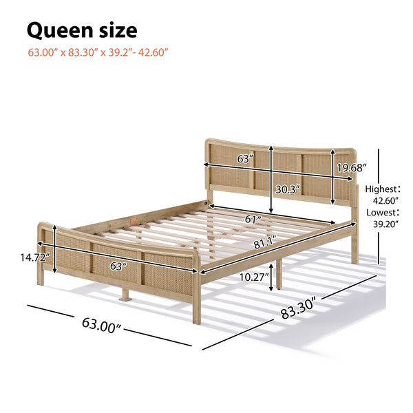 English Elm Christopher Knight Home® - Boho Curved Wooden Bed Frame with Adjustable Rattan Headboard, Solid Wood Slats, 800lb Support N758P266372N