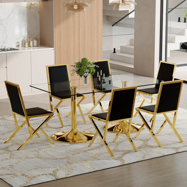 English Elm Table Set Oval Tempered Glass Top Gold Column Base with Eight Pu Leather Dining Chairs Black+Gold,Transparent W1151S04770